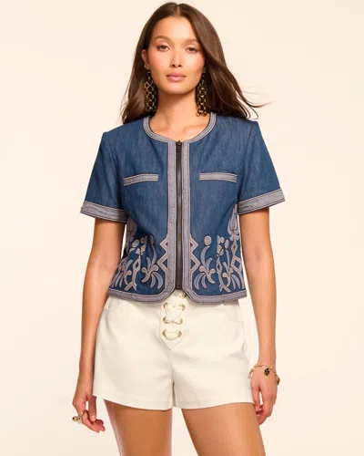 Ramy Brook Nicko Denim Embroidered Short Sleeve Jacket In Blue