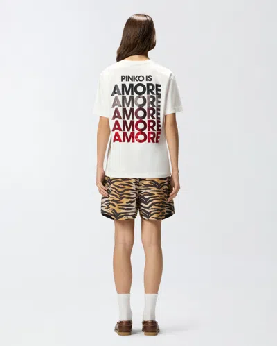 Pinko White Crewneck T-shirt With Logo Detail On The Front And Maxi Print On The Rear In Cotton Woman In Neutral