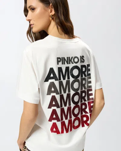 Pinko White Crewneck T-shirt With Logo Detail On The Front And Maxi Print On The Rear In Cotton Woman In Neutral