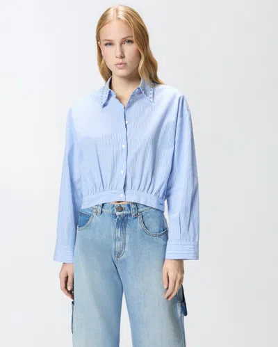 Pinko Charita Light Blue Shirt With Embellished Classic Collar And All-over Striped Motif In Cotton Woman