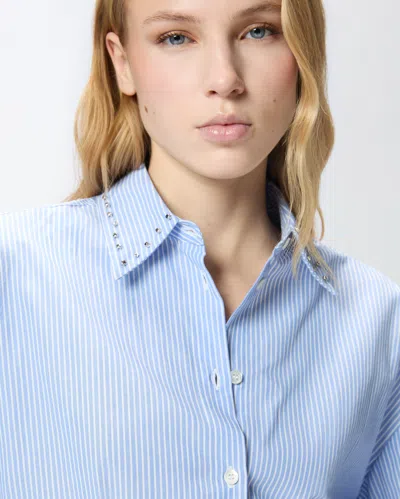Pinko Charita Light Blue Shirt With Embellished Classic Collar And All-over Striped Motif In Cotton Woman