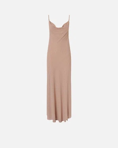 Pinko Beige Long Dress With Draped Neckline And Open Back In Tech Fabric Woman In Gray