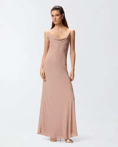 Pinko Beige Long Dress With Draped Neckline And Open Back In Tech Fabric Woman In Gray