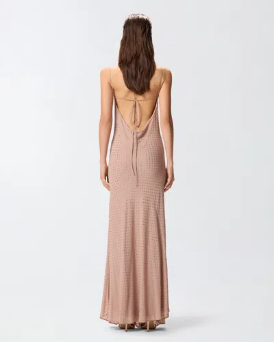 Pinko Beige Long Dress With Draped Neckline And Open Back In Tech Fabric Woman In Gray
