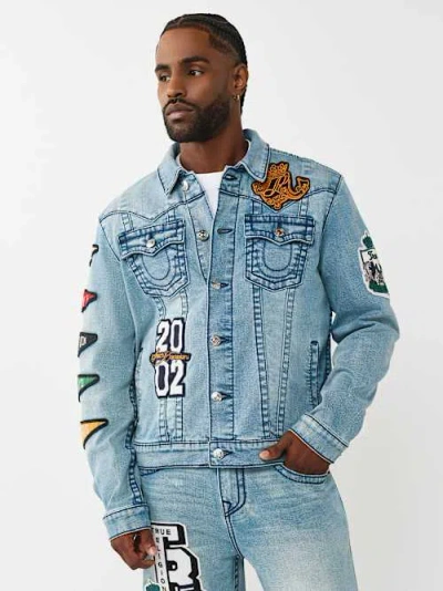 True Religion Jimmy Varsity Patch Denim Trucker Jacket In Blue