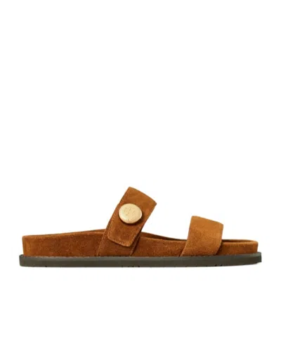 Tory Burch Romy Brown Sandals With Logo Plaque On The Front In Suede Woman In Brown