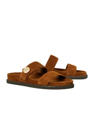 Tory Burch Romy Brown Sandals With Logo Plaque On The Front In Suede Woman In Brown