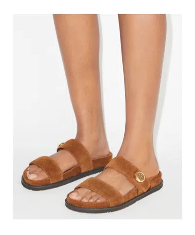 Tory Burch Romy Brown Sandals With Logo Plaque On The Front In Suede Woman In Brown
