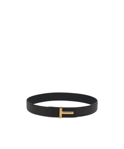 Tom Ford Brown Belt With T-plaque On The Front In Grained Leather Man In Black