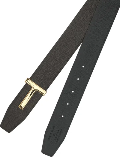 Tom Ford Brown Belt With T-plaque On The Front In Grained Leather Man In Black