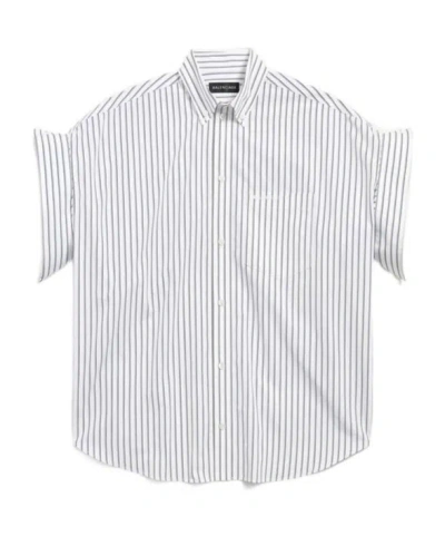 Balenciaga Women White Shirt With Button-down Collar Striped Motif And Front Pocket In Cotton Woman In Multi