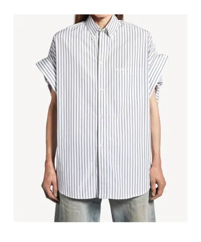 Balenciaga Women White Shirt With Button-down Collar Striped Motif And Front Pocket In Cotton Woman In Multi