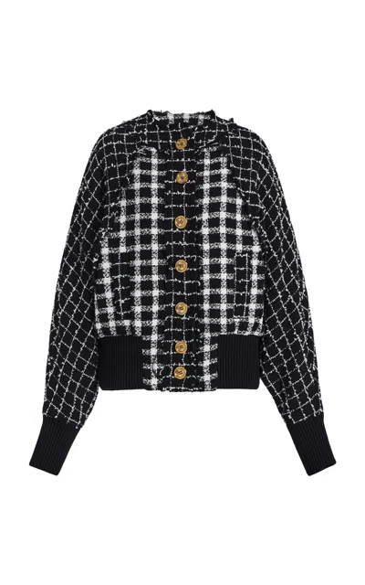 Balmain Oversized Bomber Jacket In Mixed Tweed In Black