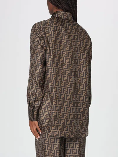 Fendi Silk Shirt With Curved Hem And Fabric-covered Buttons In Brown