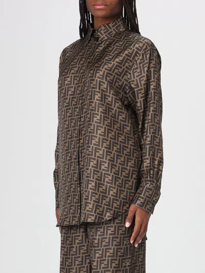 Fendi Silk Shirt With Curved Hem And Fabric-covered Buttons In Brown