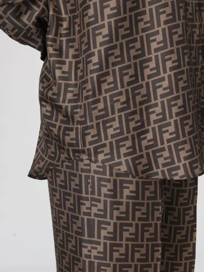 Fendi Silk Shirt With Curved Hem And Fabric-covered Buttons In Brown