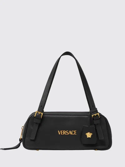 Versace Tag Bowling Black Shoulder Bag With Metallic Logo Lettering And Medusa Head Pendant In Leather Woman In Blue