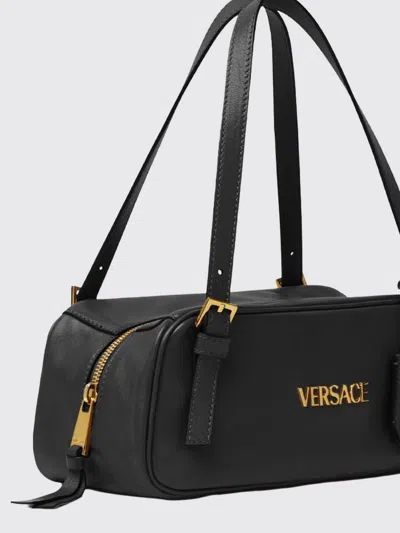 Versace Tag Bowling Black Shoulder Bag With Metallic Logo Lettering And Medusa Head Pendant In Leather Woman In Blue