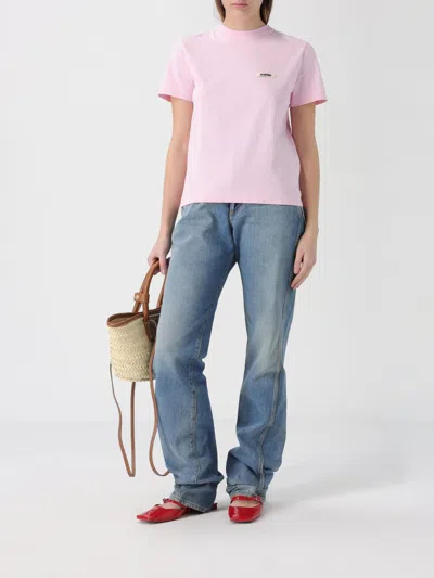 Jacquemus Pink Crew Neck T-shirt With Logo Patch On The Front In Cotton Woman