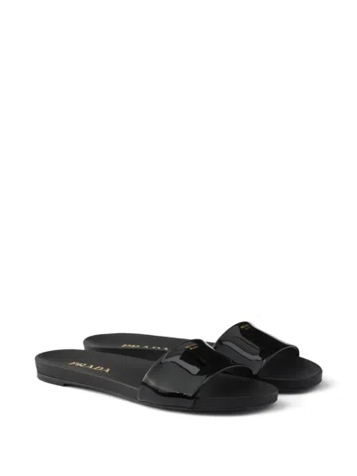 Prada Black Leather Slippers In Black