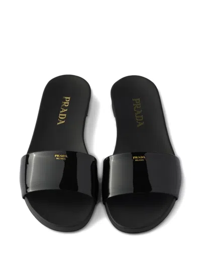 Prada Black Leather Slippers In Black