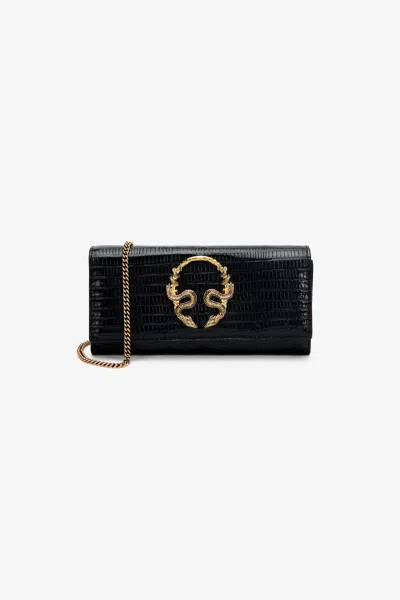 Roberto Cavalli Roar Mini Shoulder Bag Crocodile Gold Strap In Black