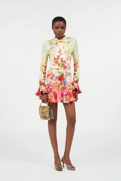 Roberto Cavalli Floral Silk Blend Dress High Neck In White