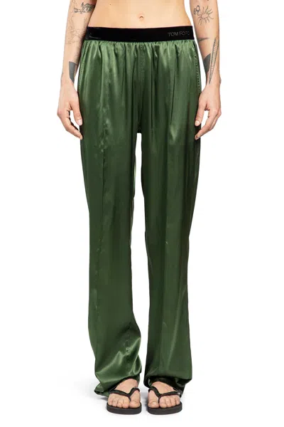 Tom Ford Green Pants With Elastic Waist With Logo Lettering In Silk Stretch Woman In Green
