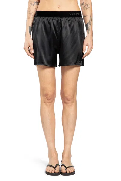 Tom Ford Black Shorts With Elastic Waist With Logo Lettering In Silk Stretch Woman In Black