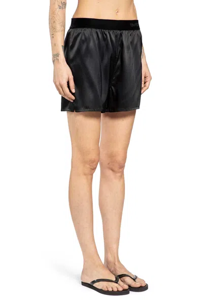 Tom Ford Black Shorts With Elastic Waist With Logo Lettering In Silk Stretch Woman In Black