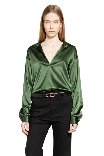 Tom Ford Stretch Silk Satin Polo With Tonal Tf Embroidered Logo Clothing In Green