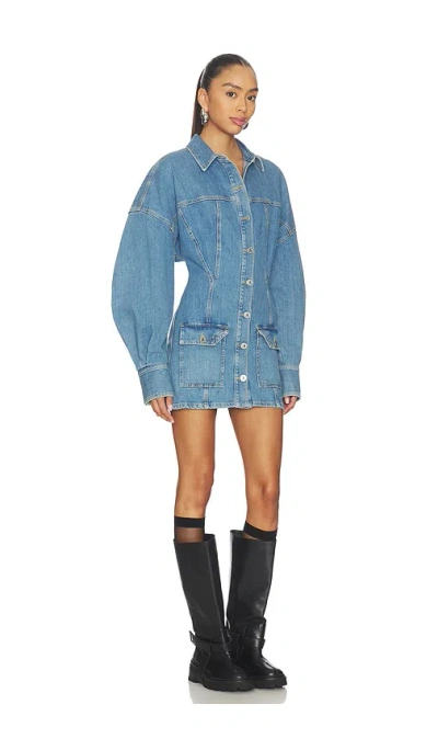 Attico Denim Mini Dress Front Pockets Long Sleeves In Blue