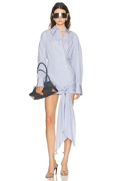 Attico Knotted Striped Cotton-poplin Mini Dress In Blue