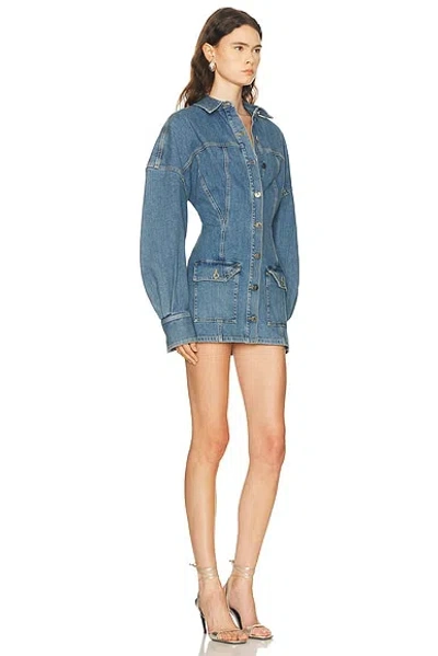 Attico Denim Mini Dress Front Pockets Long Sleeves In Blue