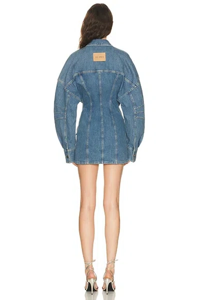 Attico Denim Mini Dress Front Pockets Long Sleeves In Blue