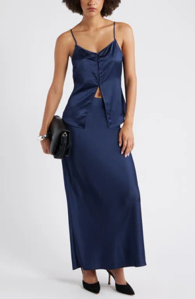 Open Edit Split Front Satin Button-up Camisole In Blue
