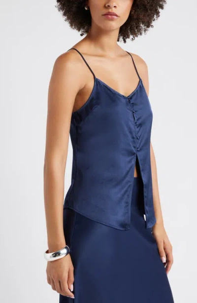 Open Edit Split Front Satin Button-up Camisole In Blue