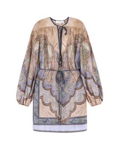 Zimmermann Long Sleeve V-neck Paisley Dress Tie Detail In Multi