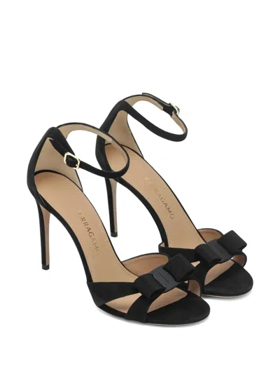 Ferragamo Roxy 90 Vara Bow Suede Sandals In Black