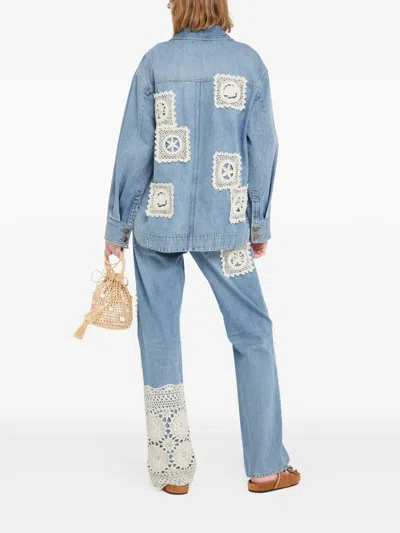 Alanui Light Blue Denim Overshirt With Crochet Lace Accents In Blue