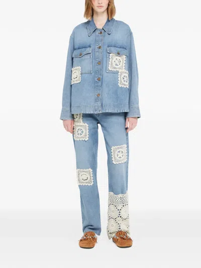 Alanui Light Blue Denim Overshirt With Crochet Lace Accents In Blue
