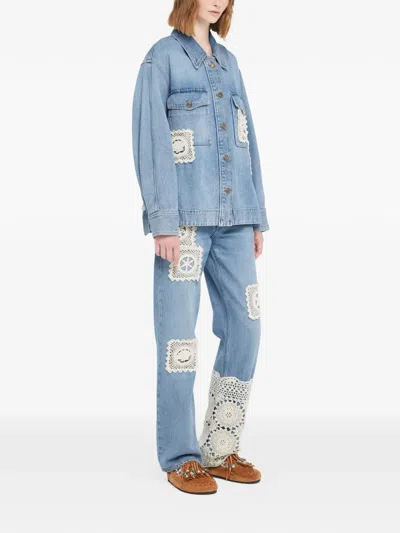 Alanui Light Blue Denim Overshirt With Crochet Lace Accents In Blue