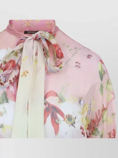Roberto Cavalli Silk Floral-print Cutout Long-sleeve Blouse In Multi