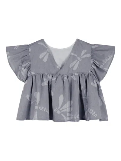 Kenzo Ruffled Printed Blouse In Gray