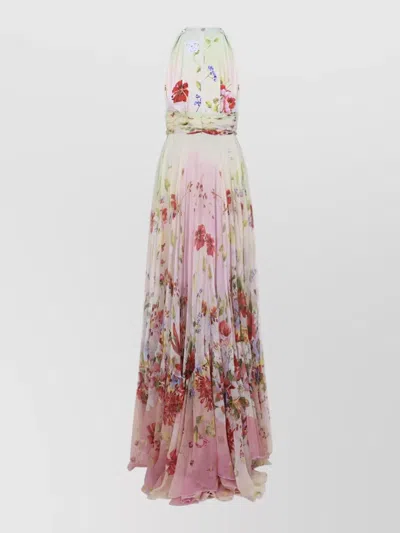 Roberto Cavalli Long Chiffon Dress With Miami Flowers Print In Pink