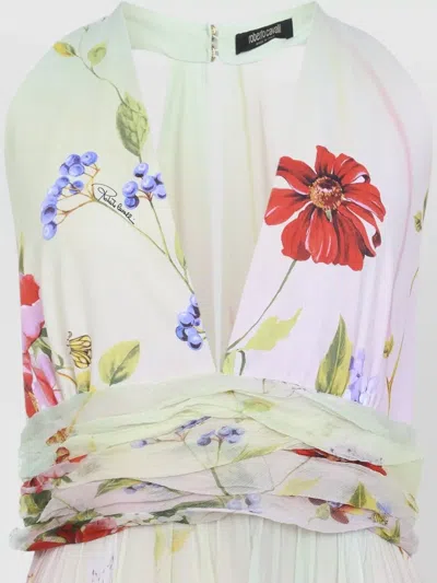 Roberto Cavalli Long Chiffon Dress With Miami Flowers Print In Pink