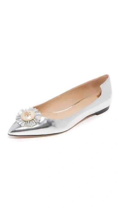 Tory Burch 'melody' Logo Pearl Metallic Leather Skimmer Flats In Silver