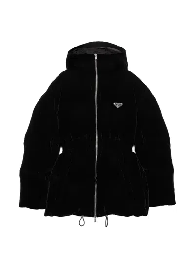 Prada Womens  Logo-badge Padded Velvet Down Jacket In Black