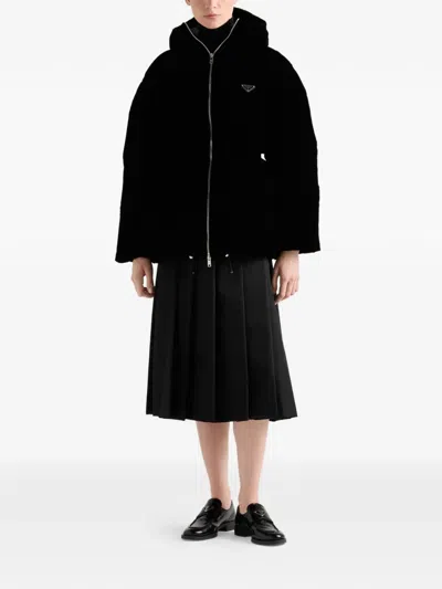 Prada Womens  Logo-badge Padded Velvet Down Jacket In Black