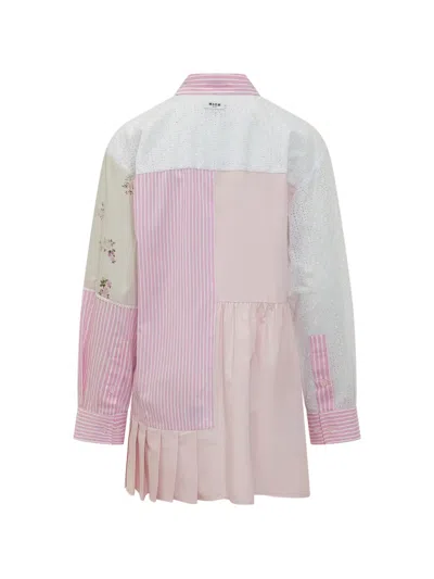 Msgm Multicolor Patchwork Shirt Collar Mini Dress In Pink